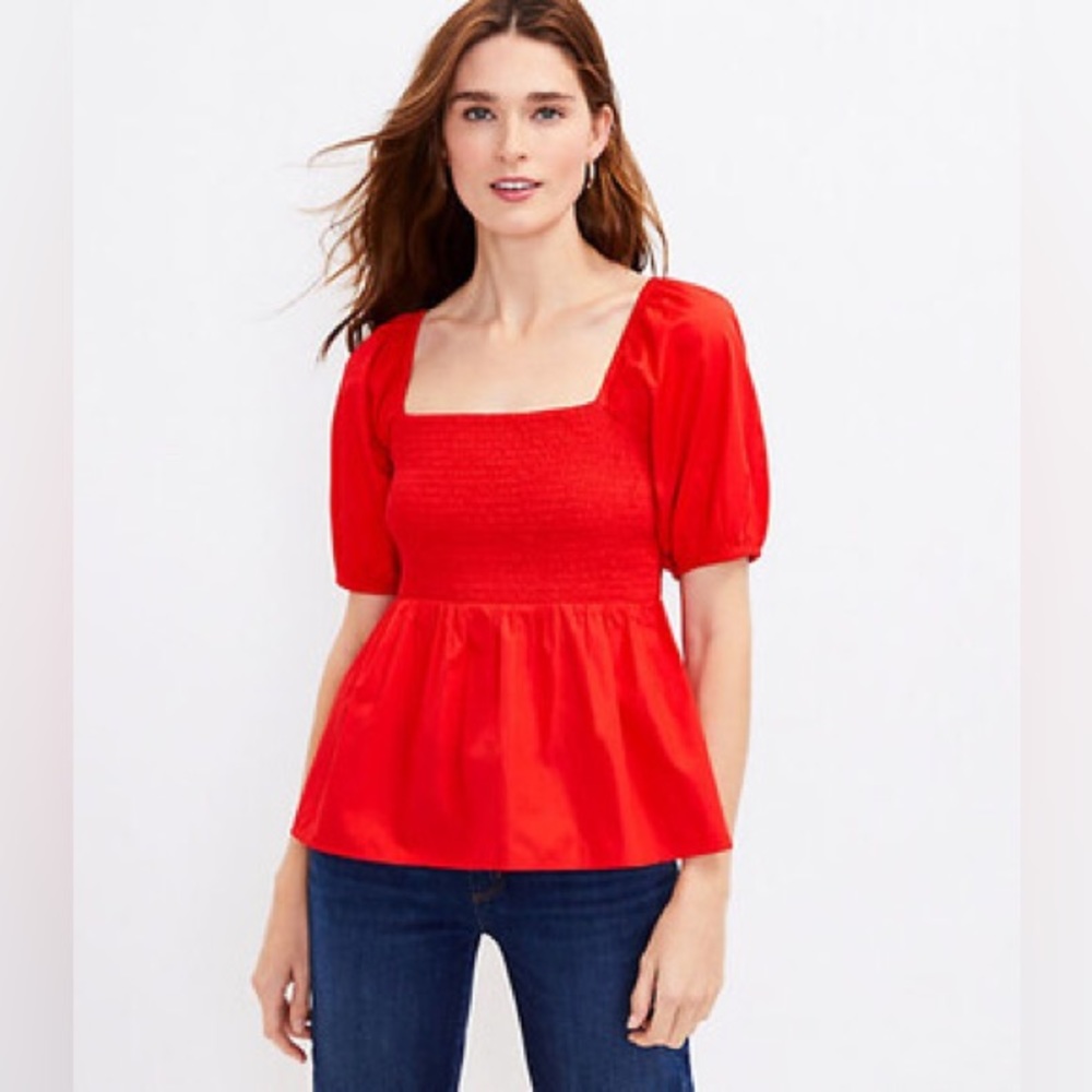 NWT Loft Smocked Puff Sleeve Peplum Top Tomato Red Small